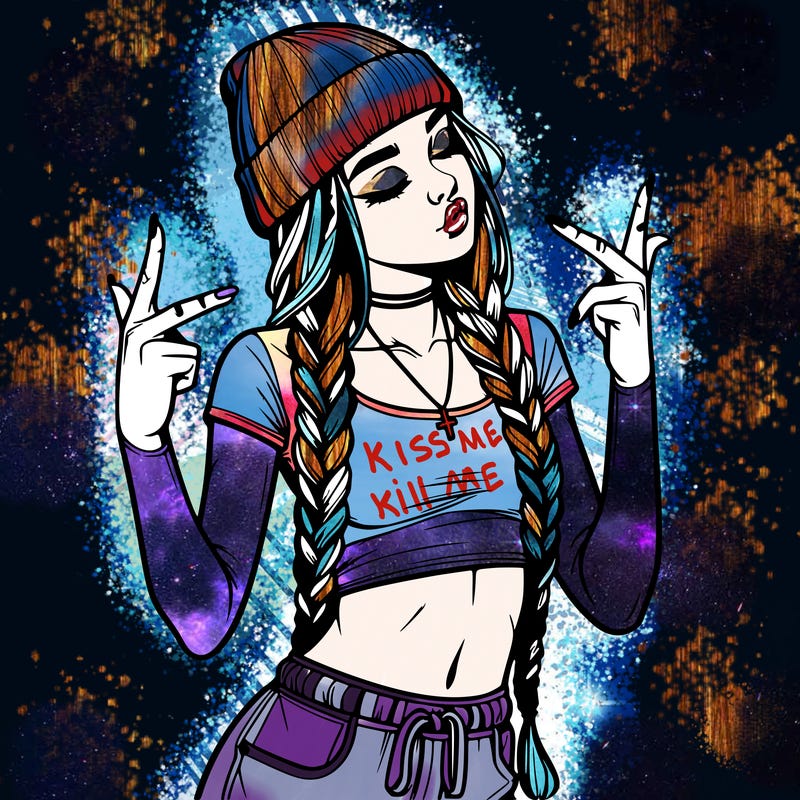 realistic teenage girl with braids and a beanie and crop top doing 🫶🏼