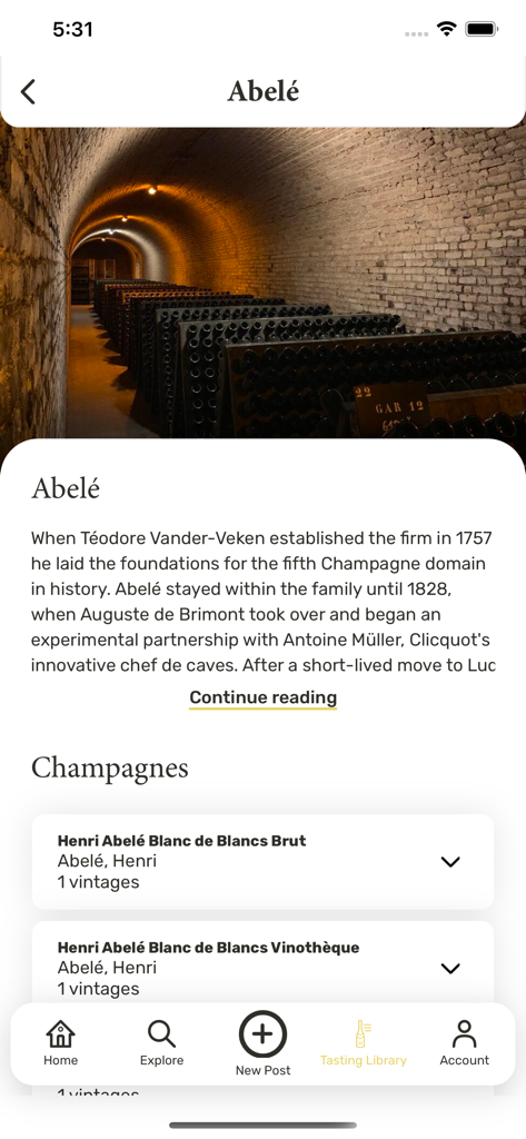 Historia de la casa de champán Abele y lista de productos en la aplicación Champagne Club