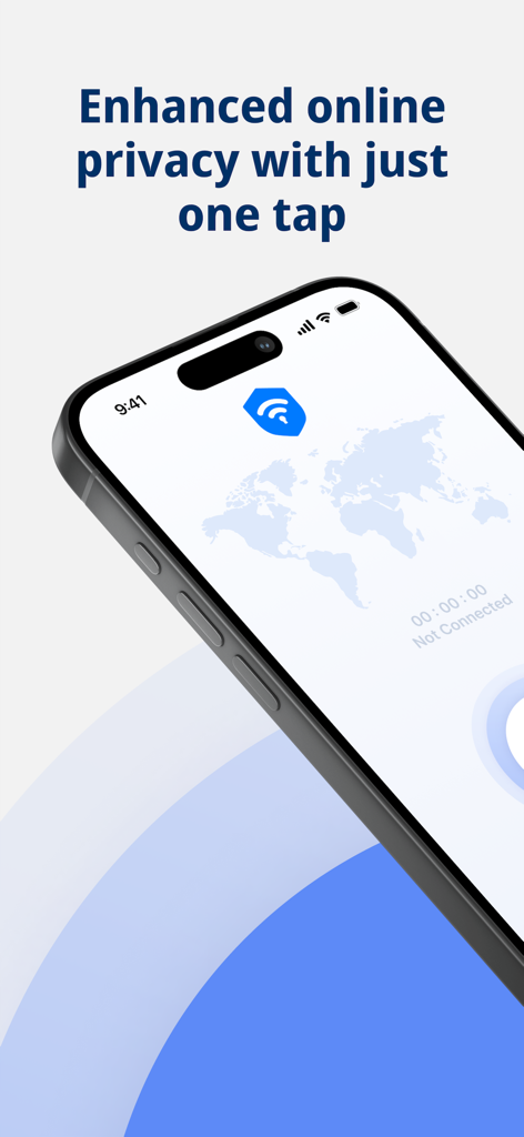 Interface do aplicativo RAV VPN no iPhone apresentando privacidade online com um toque