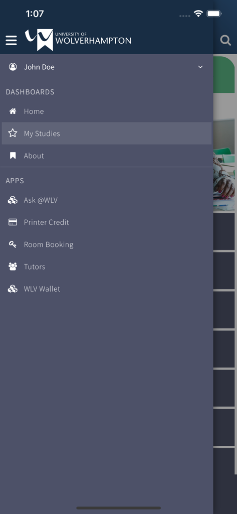 Side navigation menu of the myWLV app displaying student dashboard and university app links