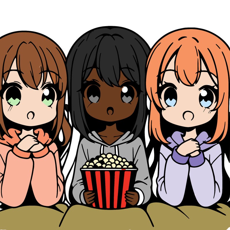 cute anime 3 friends girl watching a move