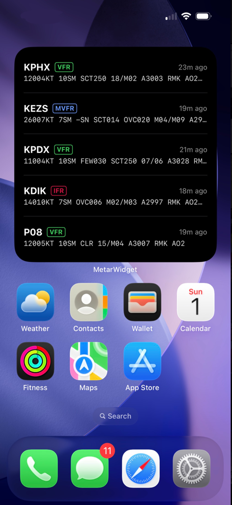 Modern METAR Widget - Modern METAR Widget on an iPhone home screen displaying real-time aviation weather for multiple airports