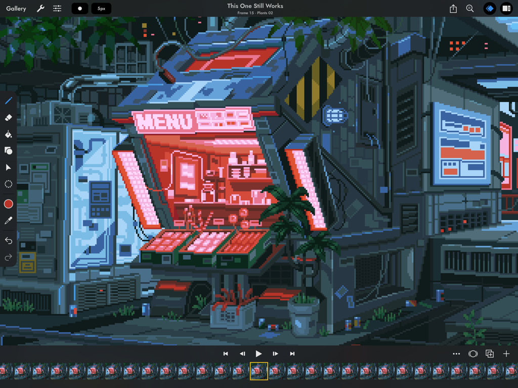 Pixel art animation interface in Pixaki 4 Pro featuring a cyberpunk storefront