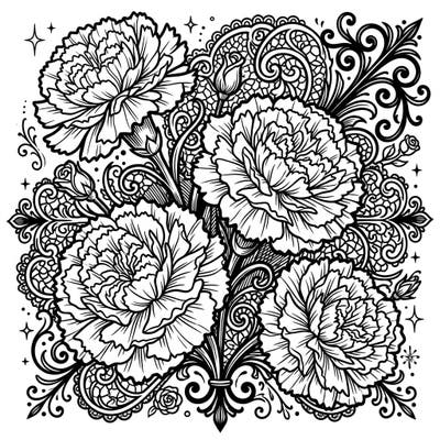 Unleash your creativity with this striking coloring page featuring beautiful white carnations intertwined with dramatic Gothic patterns. This intricate design offers a unique blend of natural beauty and mysterious elegance, perfect for a captivating coloring experience.