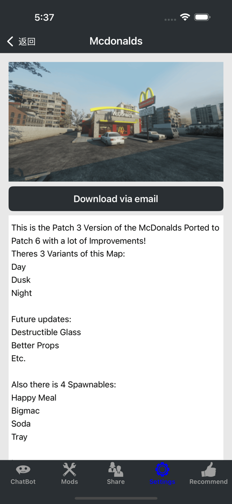 BoneL-DLC & Mods Addons Cheats - App interface showing details for a McDonalds restaurant map mod for Bonelab VR game including variants and spawnable items