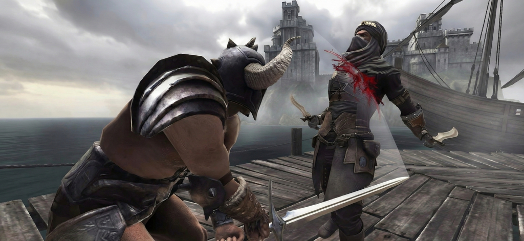 Fight Legends: Sword Fighting - 角の兜をかぶった中世の戦士が、城を背景にした木製の桟橋で仮面をつけた暗殺者を攻撃している
