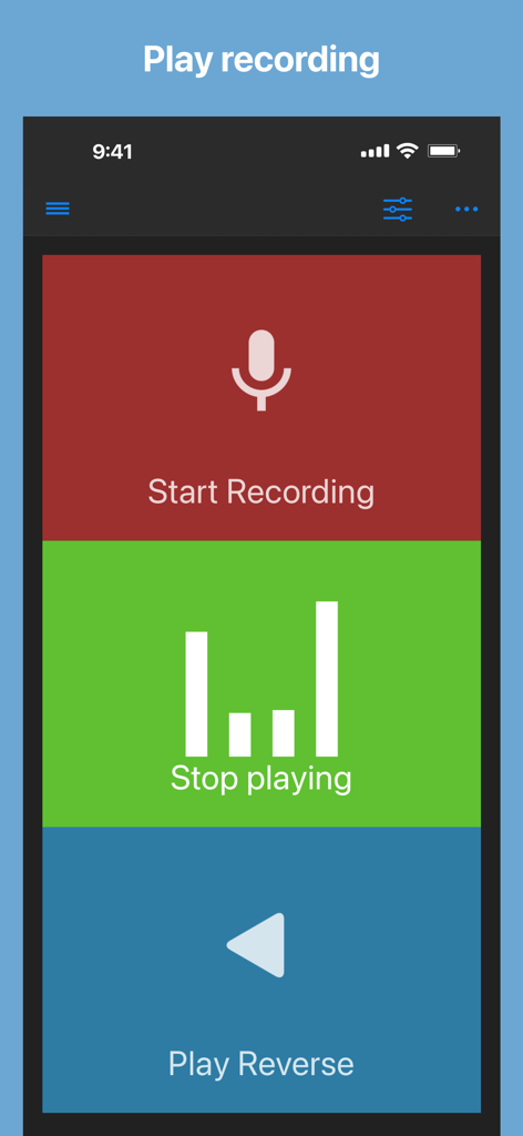 Reverse Audio app main interface with start recording and play reverse buttons