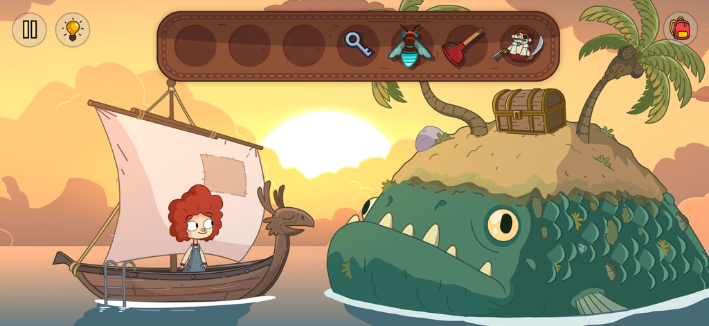 Lost in Play - Una ragazza in una barca a vela incontra un enorme mostro marino verde con un'isola del tesoro e un forziere sulla schiena.