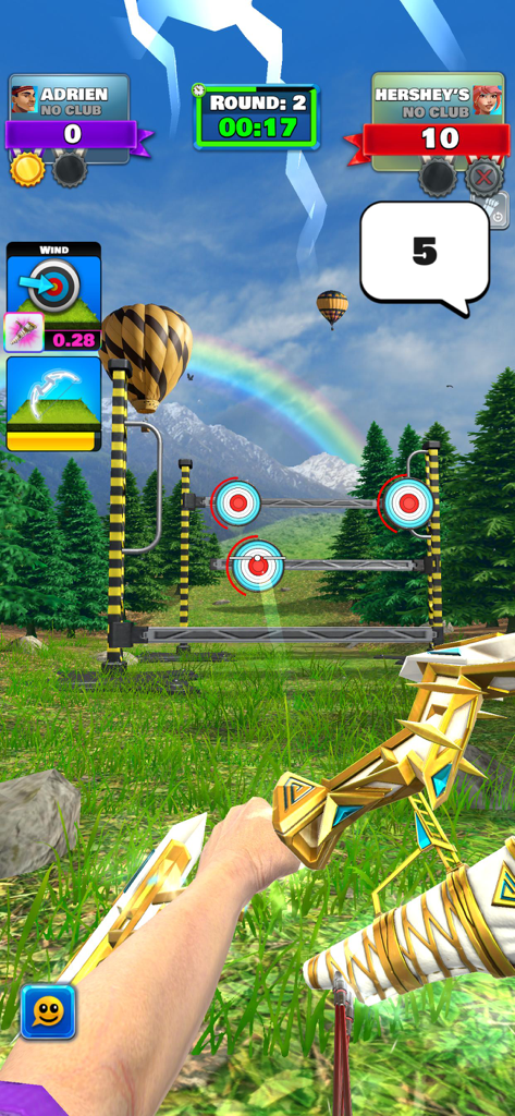 First person view of an archery match with a golden bow and targets in a scenic forest.