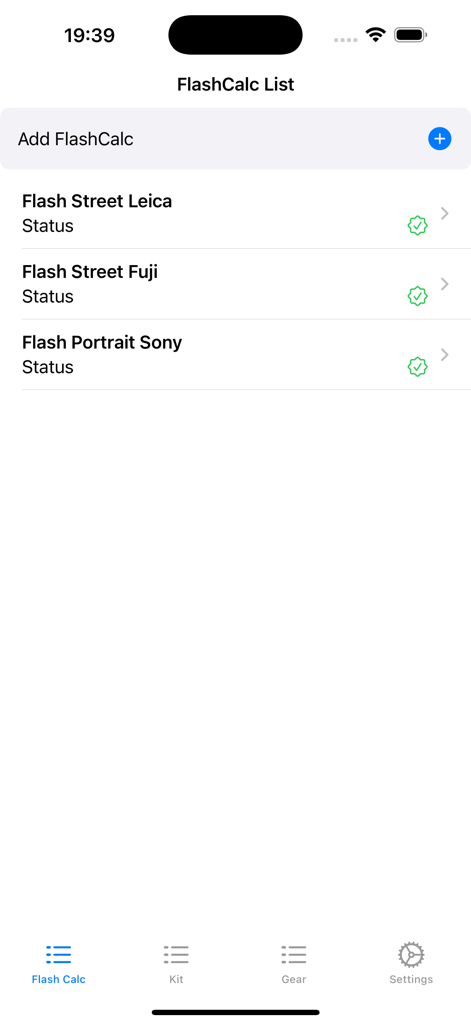 Manual Flash Calculator - A screen from the Manual Flash Calculator app showing a list of saved calculation profiles for Leica Fuji and Sony camera setups