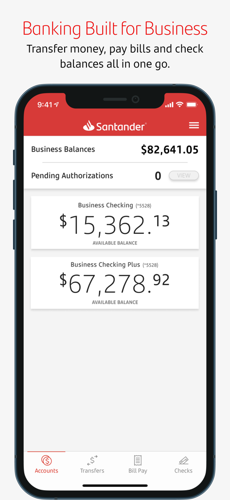 Santander Business Banking - Santander Business Banking app dashboard showing account balances for business checking and business checking plus accounts