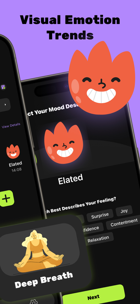 Emotide-My Emotion Recoder - Una captura de pantalla de la aplicación Emotide que muestra tendencias de emociones visuales con un personaje exultante y descriptores de estado de ánimo como alegría y relajación