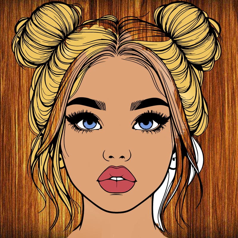 realistic girl with two buns on her hair and lips