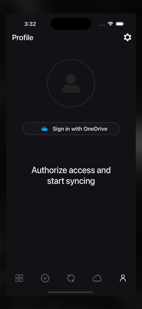 Sync with OneDrive - Profile screen with sign in button for the Sync with OneDrive application