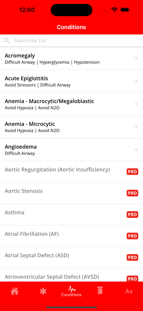 Master Anesthesia - A searchable list of medical conditions and their anesthetic implications within the Master Anesthesia mobile app interface.
