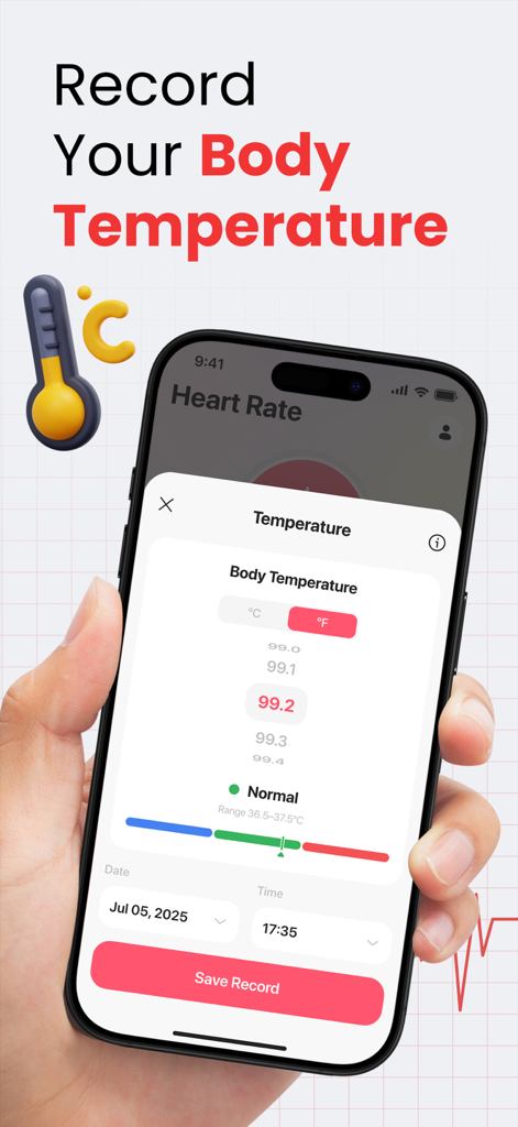 iHealthy: Health Partners - Pantalla de un smartphone mostrando la función de registro de la temperatura corporal en la aplicación iHealthy.