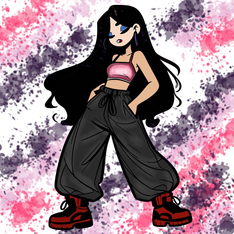 girl in baggy pants crop top and long hair