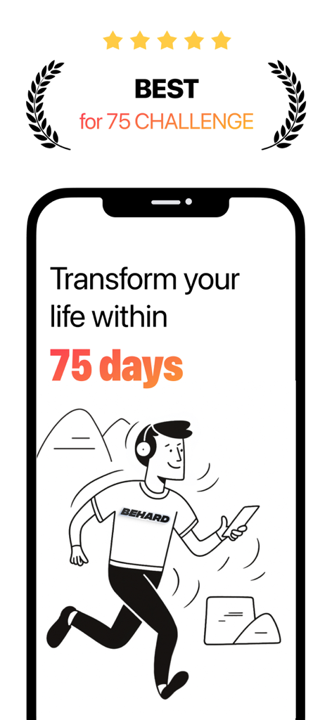 BeHard app promotional screen for the 75 day challenge featuring a running illustration