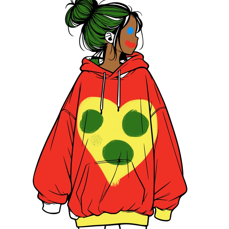 realistic girl with a oversized sweatshirt on and a bun