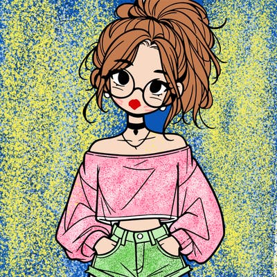 girl with a messy ponytail glasses a baggy crop top and jean shorts