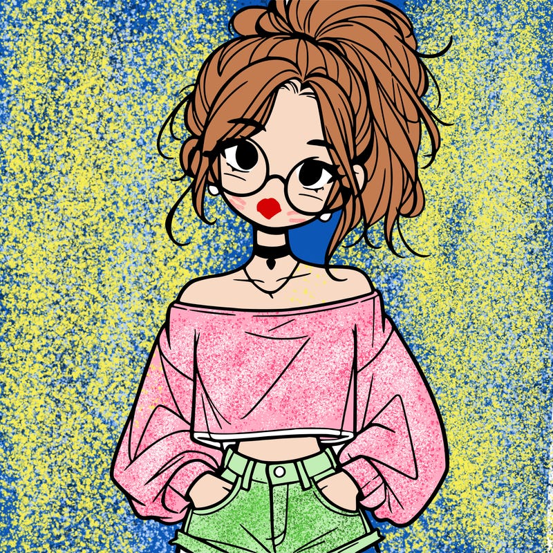 girl with a messy ponytail glasses a baggy crop top and jean shorts