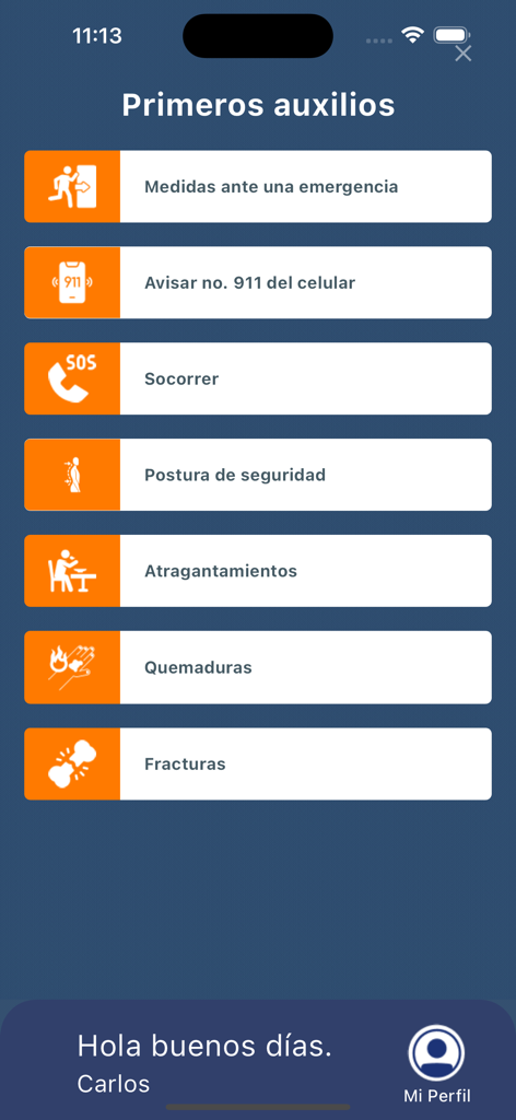 CRB GMM V2 - A screen from the CRB GMM V2 app titled Primeros auxilios listing first aid options in Spanish like emergency measures, calling 911, and treatments for burns and fractures.