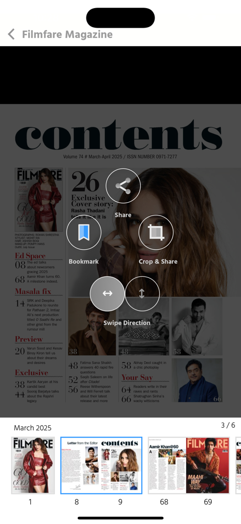 Filmfare Magazine - Filmfare Magazine app interface showing the contents page with share and bookmark options