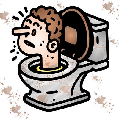 toilet with a head coming out of it