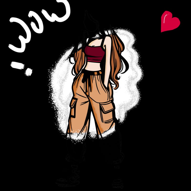 girl in baggy pants crop top and long hair