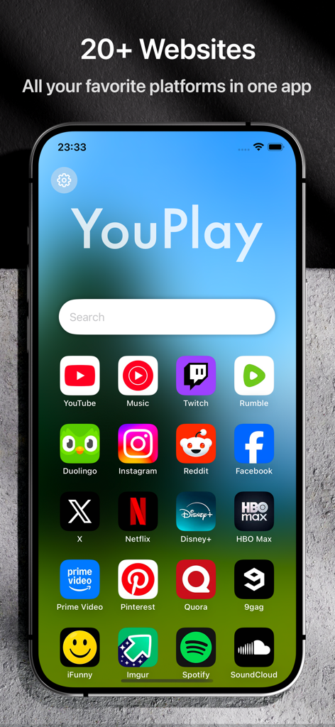 YouPlay app home screen displaying icons for over 20 video and social media platforms like YouTube, Netflix, and Twitch