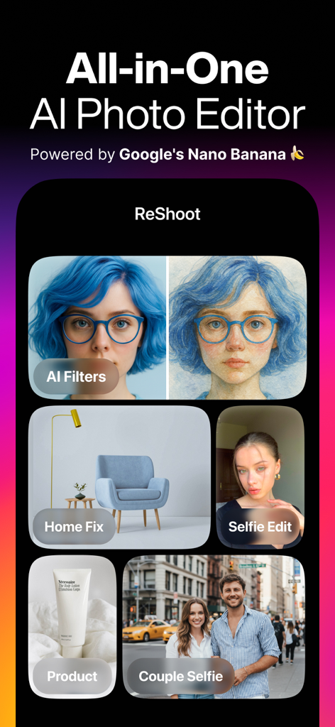 Interfaz de la aplicación ReShoot que muestra filtros de IA, ediciones de selfies, diseño de interiores y funciones de fotografía de productos