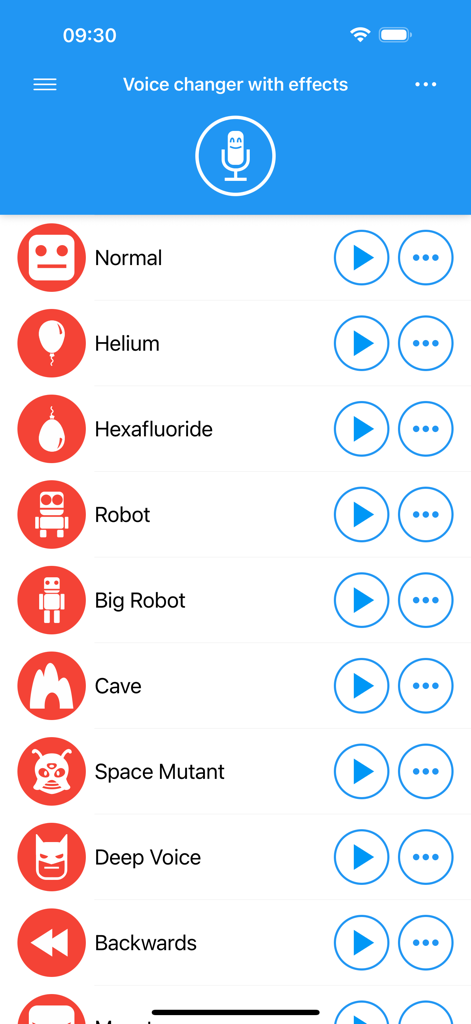 A list of fun voice filters including robot helium and deep voice inside the app