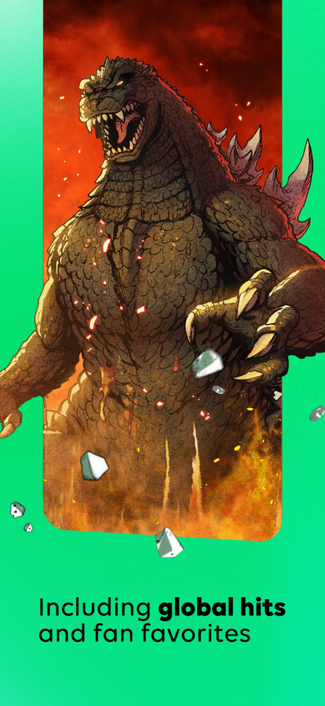 WEBTOON: Manga, Comics, Manhwa - Illustration of Godzilla from the WEBTOON app with the text Including global hits and fan favorites.