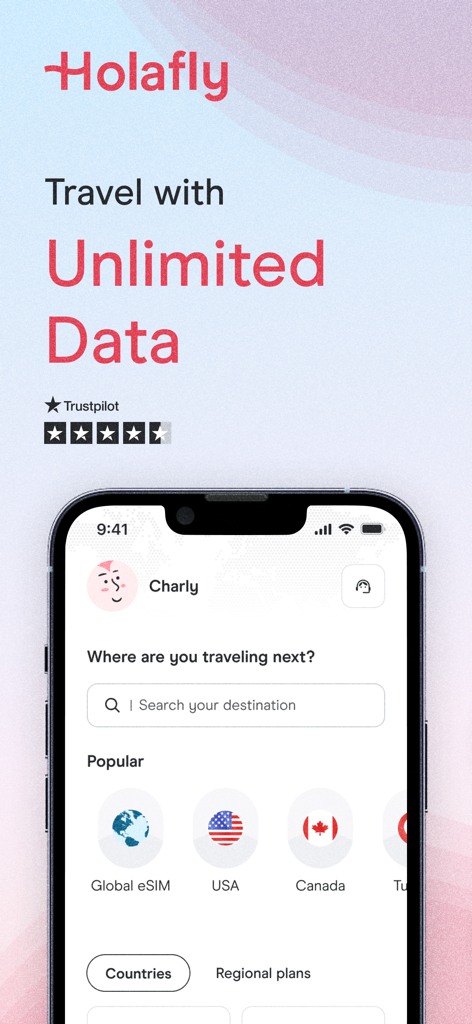 Holafly app interface on an iPhone showing unlimited data travel plans and a search for global eSIM destinations.