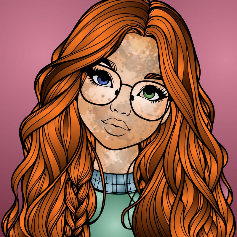 girl with long hair and freckles and glasses realistic