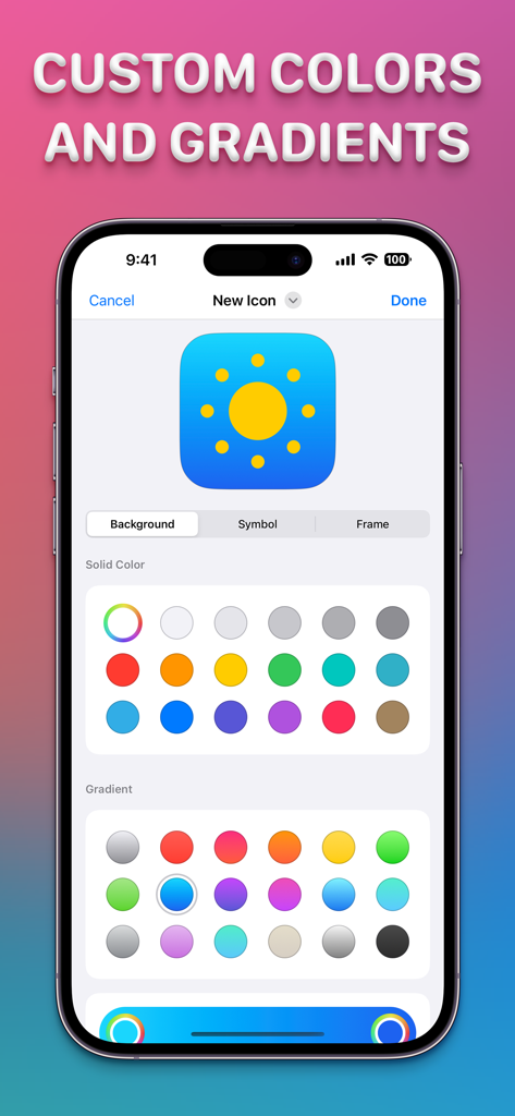 Interfaz de la aplicación Icon Changer mostrando una variedad de opciones de colores sólidos y degradados para personalizar íconos de aplicaciones.