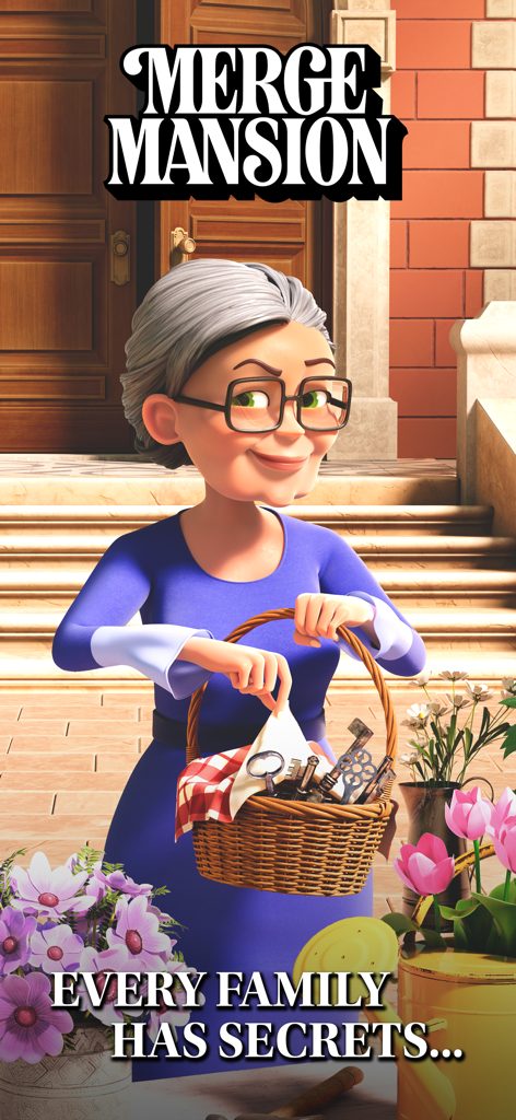 Grandma Ursula holding a basket of old keys with the text Every family has secrets