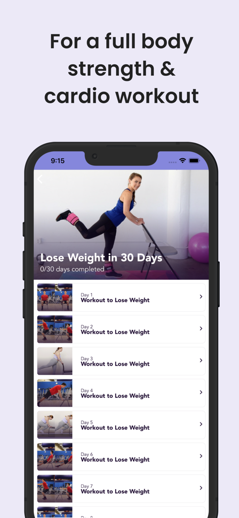 Chair Exercises & Workouts - Interface of a 30-day weight loss program featuring chair-supported strength and cardio exercises.