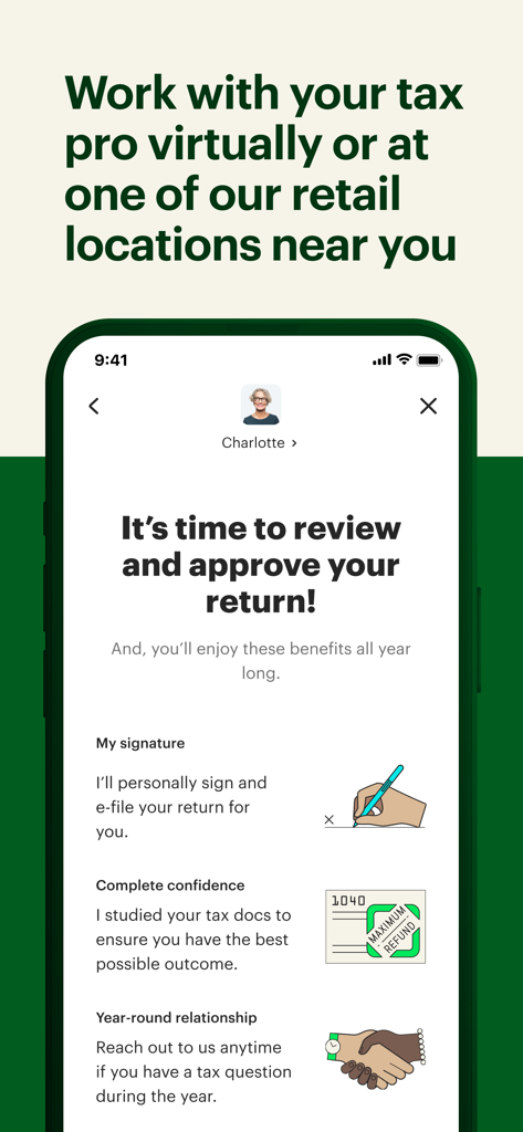 MyBlock app interface showing tax return review and professional expert support options