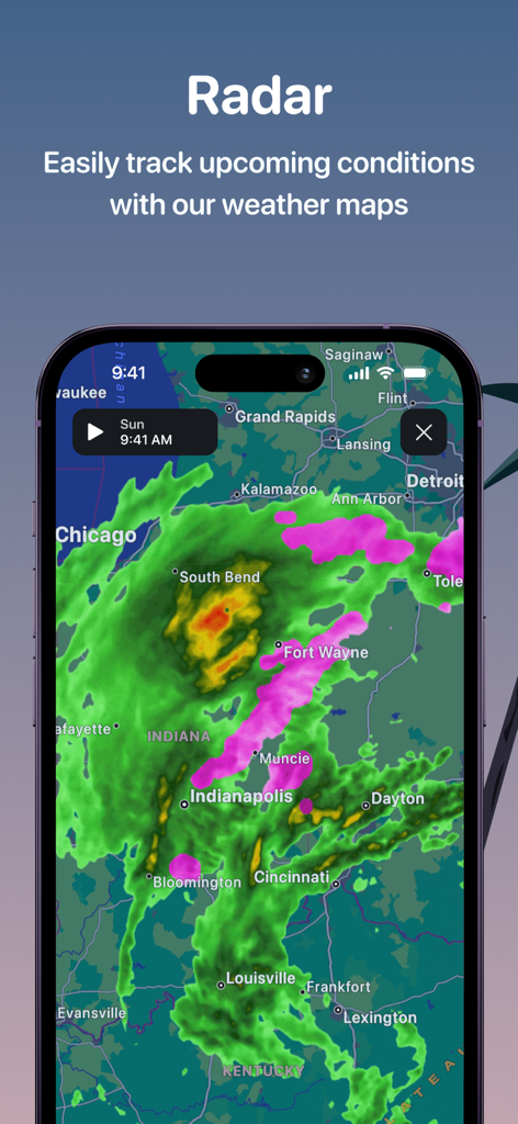 A mobile phone displaying a weather radar map with storm tracking features in the Weather Fit app