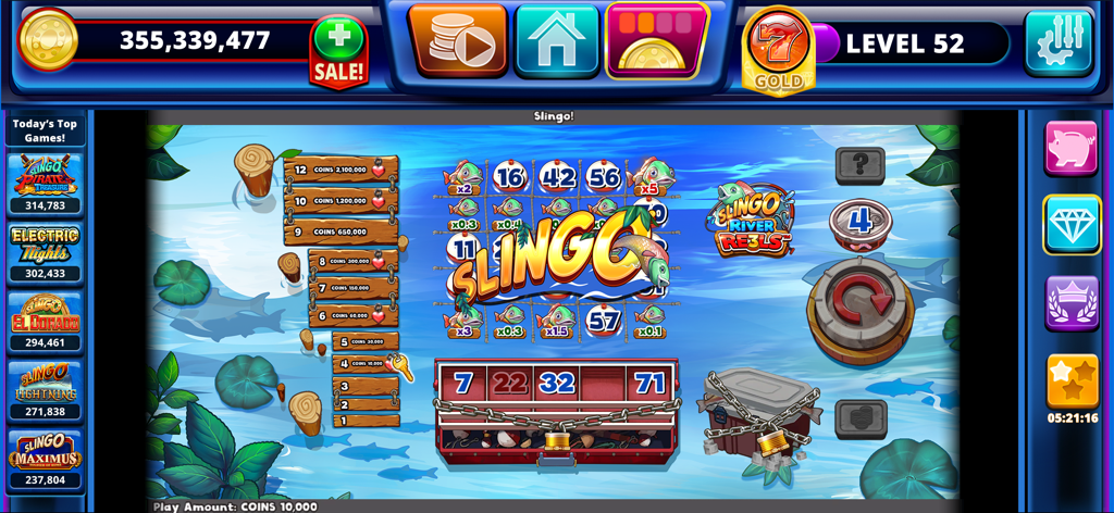 Gameplay screenshot of Slingo River Reels showing a fishing-themed slots and bingo board