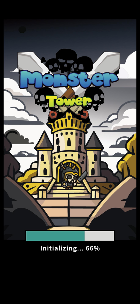 Idle Demon Tower: Monster RPG - Tela de carregamento para Idle Demon Tower Monster RPG mostrando um guerreiro esqueleto em frente a uma torre de castelo