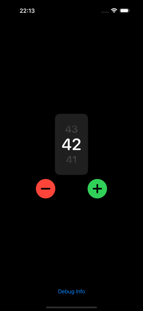 TiltCount - Interfaz de la aplicación TiltCount mostrando la pantalla de tres números y los botones manuales de suma y resta sobre un fondo oscuro