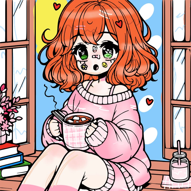 cute anime girl reading book and drinking hot chocolate from mug with loose wavy hair wearing a baggy sweatshirt and shorts sitting by windowsill looking out