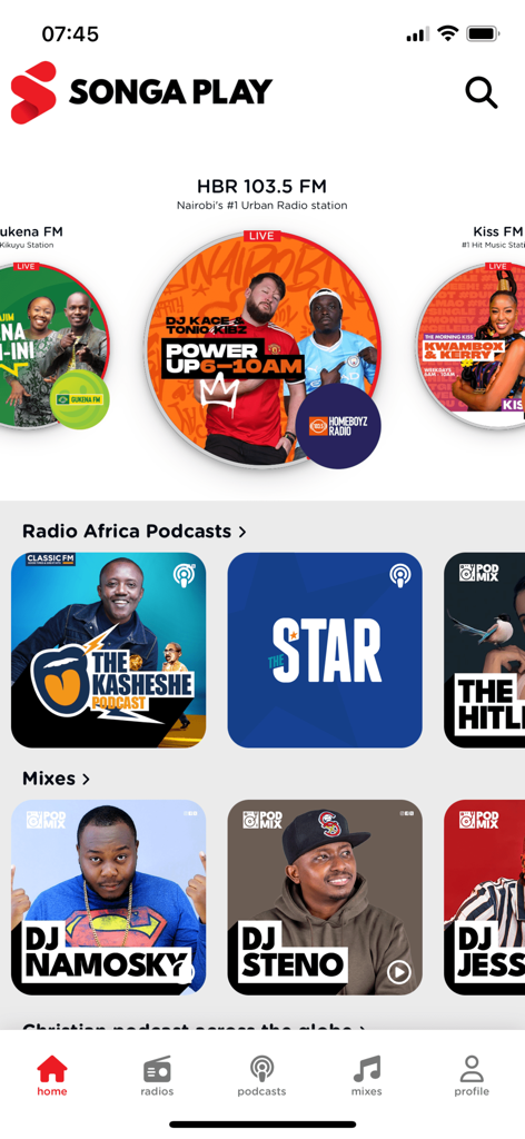 Songa Play - Songa Play app home screen featuring live global radio stations podcasts and DJ mixes