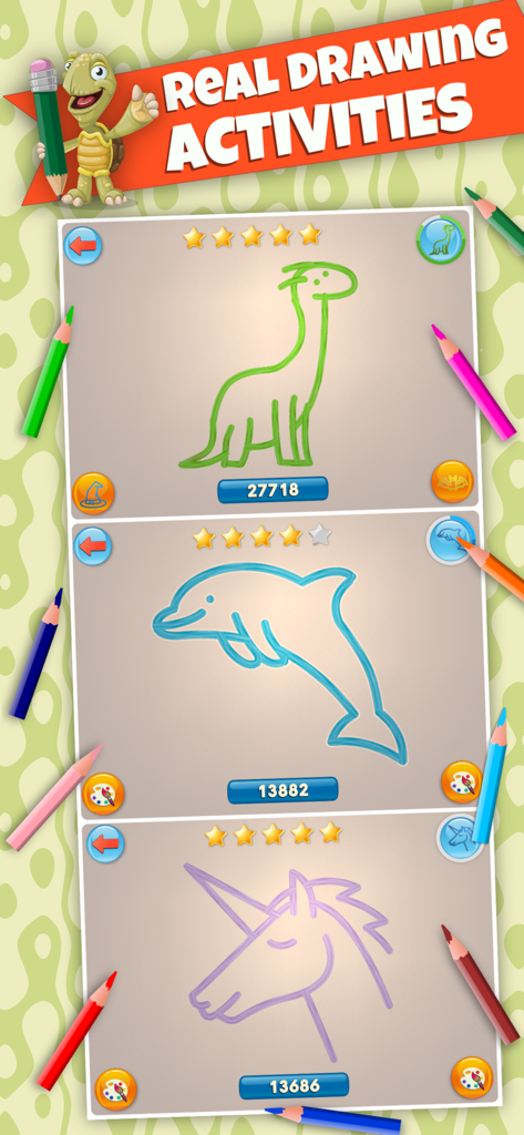 BeeArtist - Learn to Draw Easy - Interface of BeeArtist app showing completed drawings of a dinosaur, dolphin, and unicorn with star ratings.