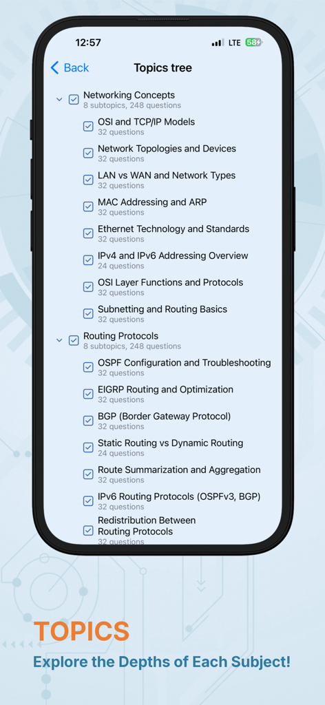 CCNP Exam Ready - La aplicación CCNP Exam Ready mostrando un árbol de temas con materias específicas de redes y protocolos de enrutamiento para la selección de estudio