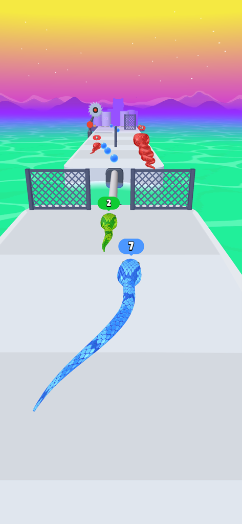 Snake Run Race・3D Running Game - A blue snake slithering through a 3D obstacle course over water in Snake Run Race