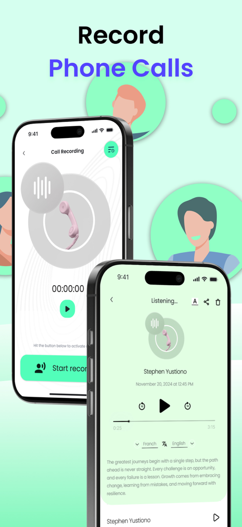ACR Call Recorder · 2nd Line - Interface of the ACR Call Recorder app showing phone call recording and transcription features.