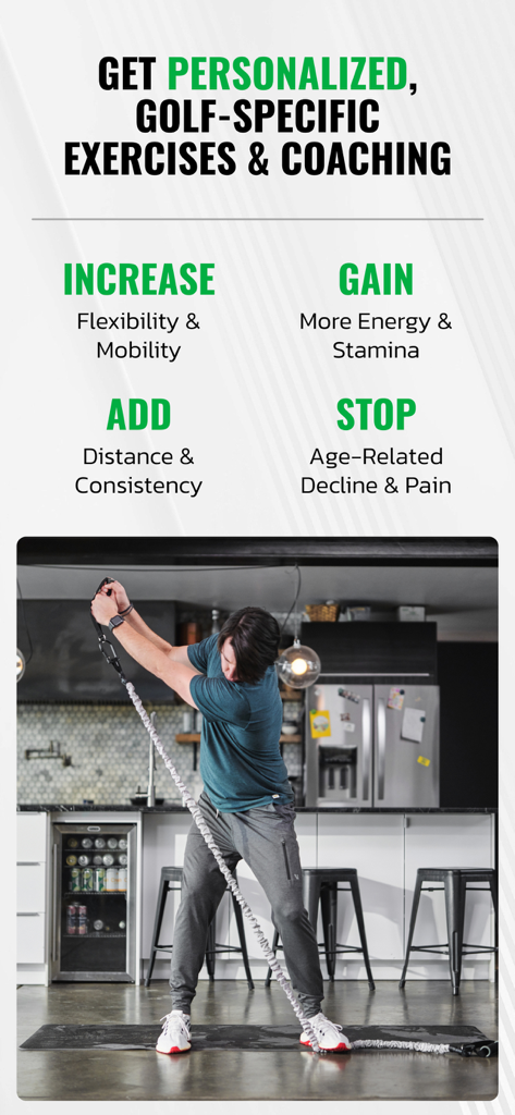 GOLFFOREVER - A man performing golf specific exercises at home to improve flexibility and reduce pain